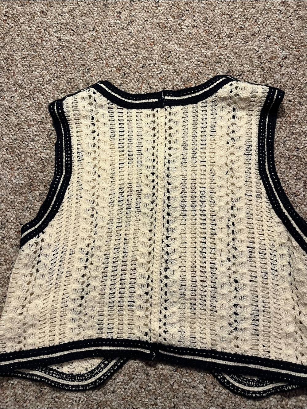 Crocheted Floral Button-Front Vest in Cream, Black & Mustard - Picture 4 of 6